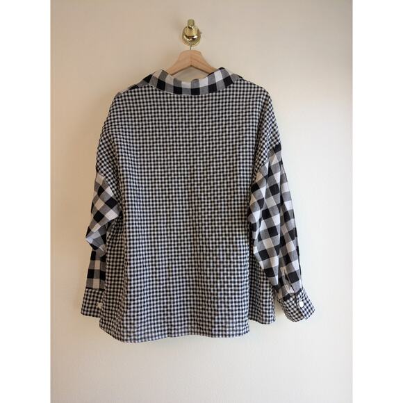Andree By Unit Size 1X Mix Pattern Button Up Top Black Gray Gingham Check Plaid - Picture 7 of 10